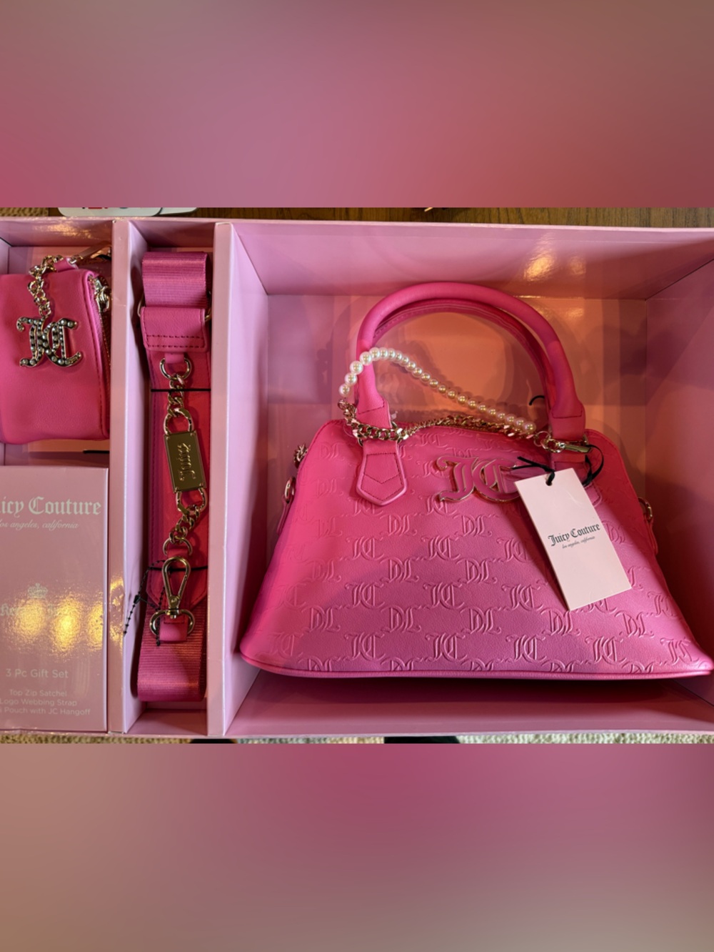 Juicy Couture Hot Pink Embossed Satchel with Pearl Accent 3 piece Set